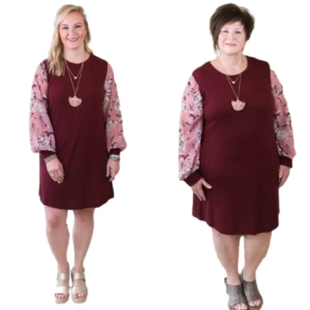 Grace and Emma New Size 2X‎ Knit Dress Cotton Floral Burgundy Blush Long Sleeve